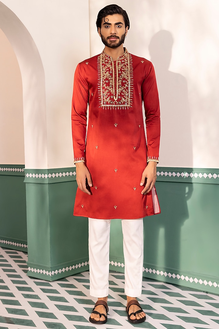 Red Padma Silk Embroidered Kurta Set by Shreyansh Designs at Pernia's Pop Up Shop
