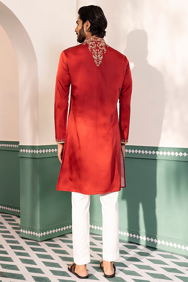 Red Padma Silk Embroidered Kurta Set by Shreyansh Designs at Pernia's Pop Up Shop