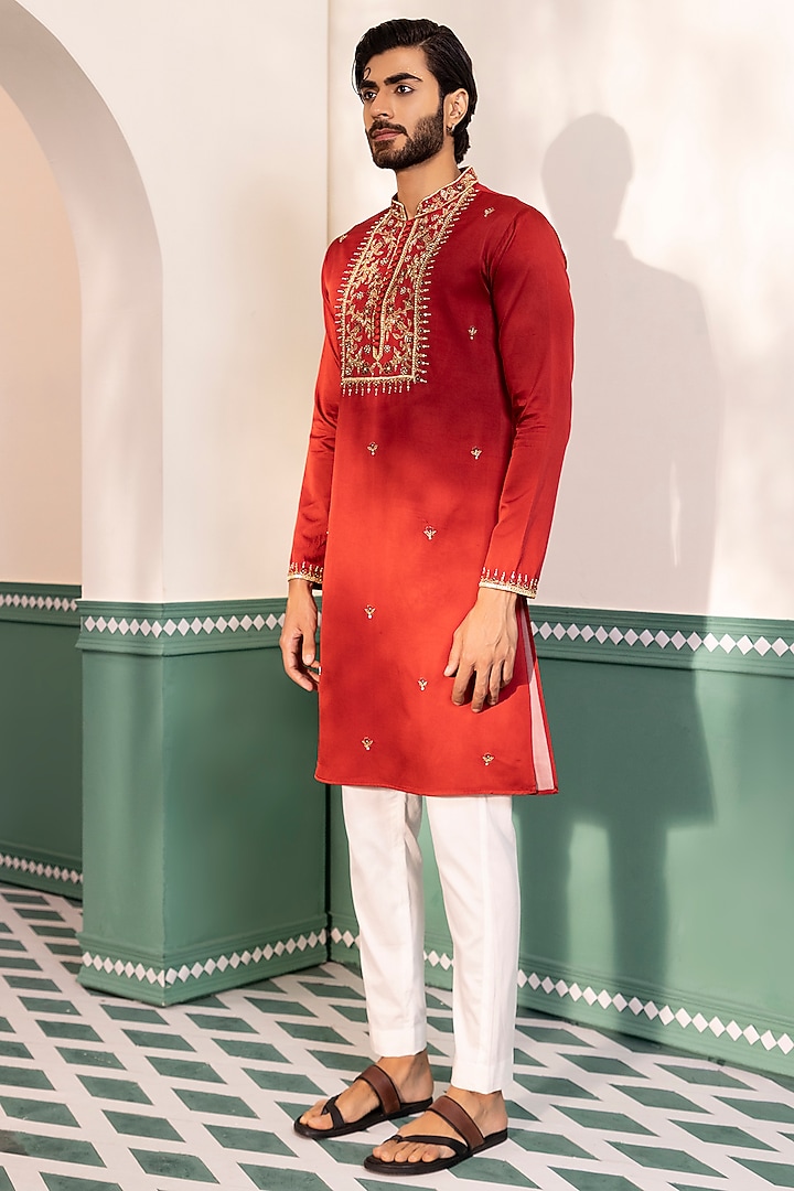 Red Padma Silk Embroidered Kurta Set by Shreyansh Designs at Pernia's Pop Up Shop