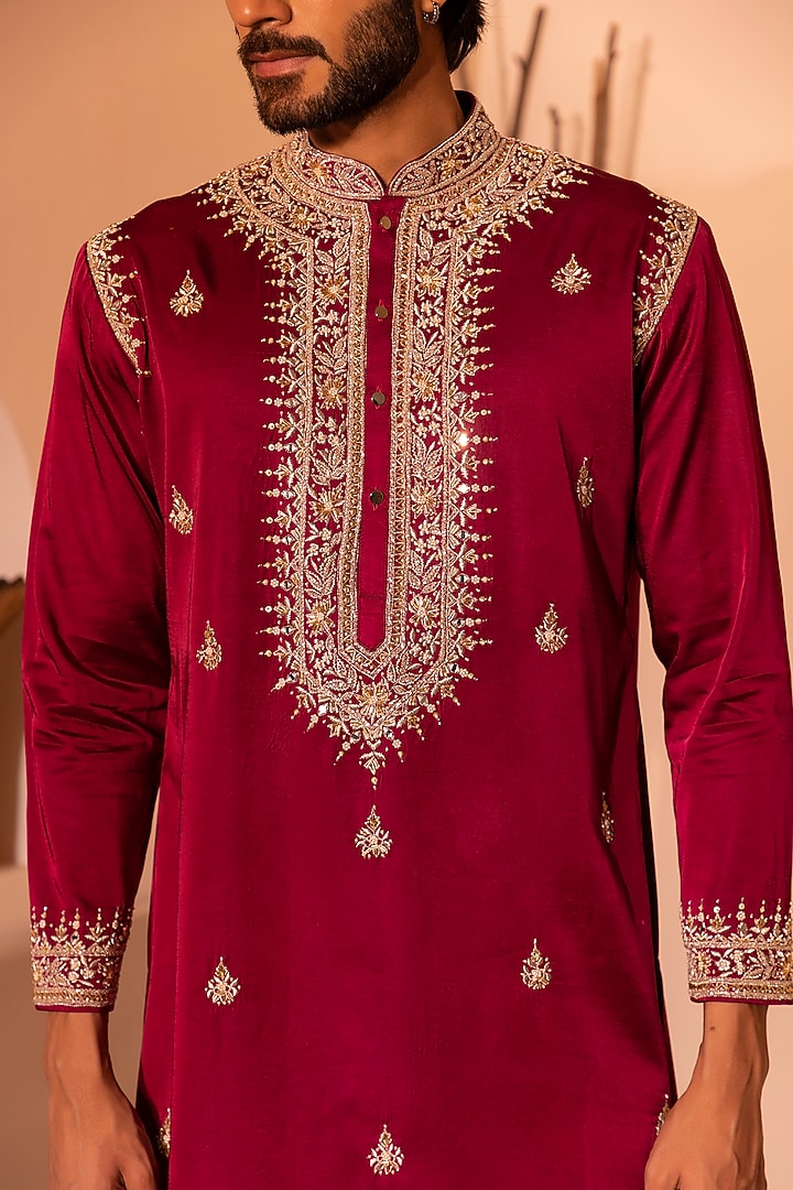 Wine Red Padma Silk Embroidered Kurta Set by Shreyansh Designs at Pernia's Pop Up Shop