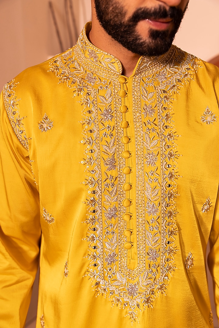 Yellow Padma Silk Hand Embroidered Kurta Set by Shreyansh Designs at Pernia's Pop Up Shop