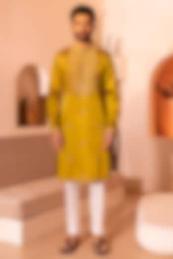 Tan Yellow Padma Silk Hand Embroidered Kurta Set by Shreyansh Designs at Pernia's Pop Up Shop
