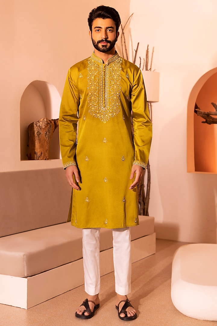 Tan Yellow Padma Silk Hand Embroidered Kurta Set by Shreyansh Designs at Pernia's Pop Up Shop