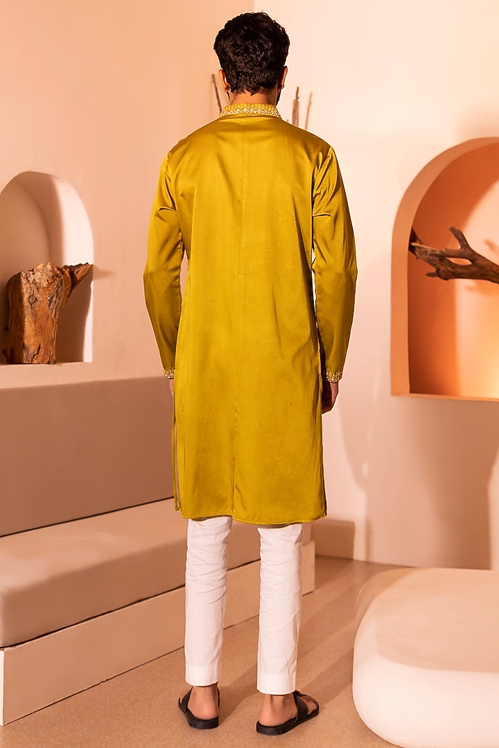 Tan Yellow Padma Silk Hand Embroidered Kurta Set by Shreyansh Designs at Pernia's Pop Up Shop