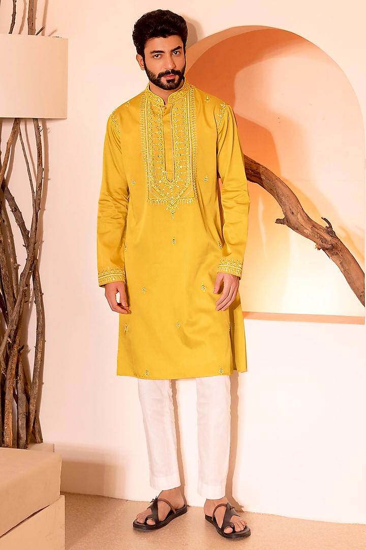 Yellow Padma Silk Hand Embroidered Kurta Set by Shreyansh Designs