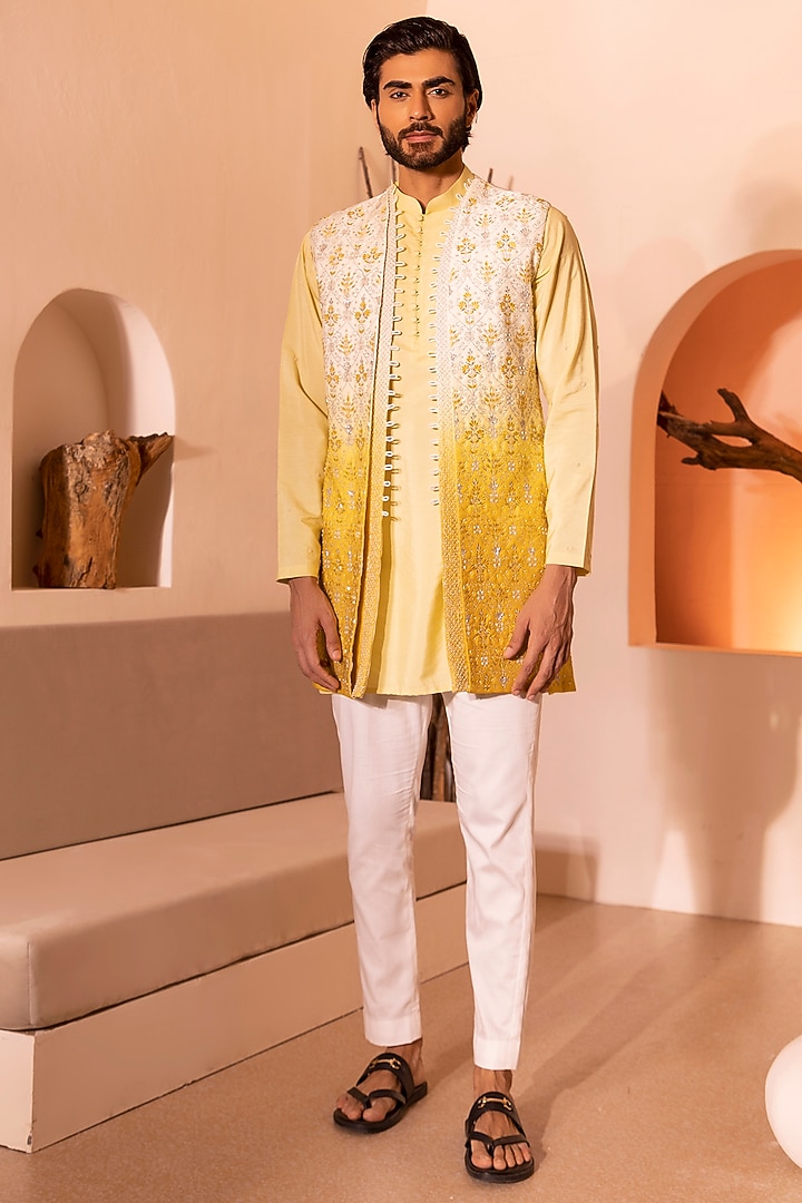 Ombre Yellow Padma Silk Hand Embroidered Shrug Set by Shreyansh Designs at Pernia's Pop Up Shop