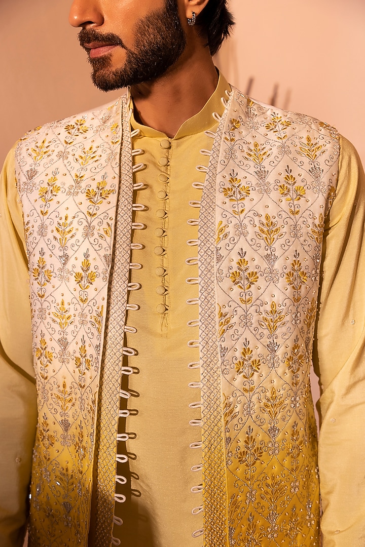 Ombre Yellow Padma Silk Hand Embroidered Shrug Set by Shreyansh Designs at Pernia's Pop Up Shop