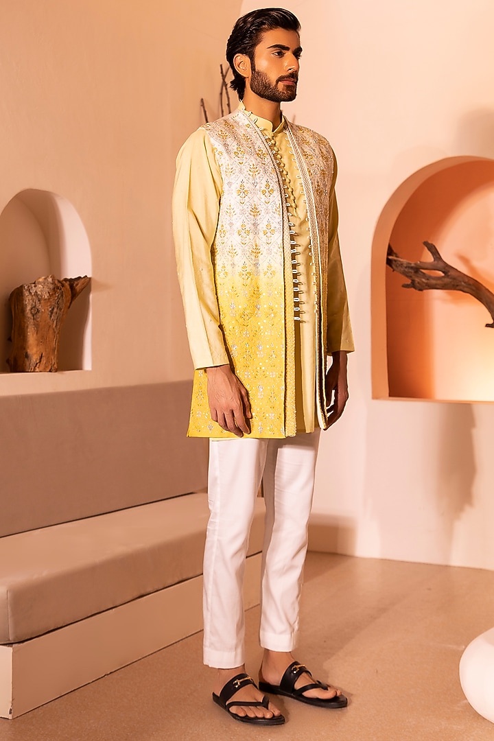 Ombre Yellow Padma Silk Hand Embroidered Shrug Set by Shreyansh Designs at Pernia's Pop Up Shop