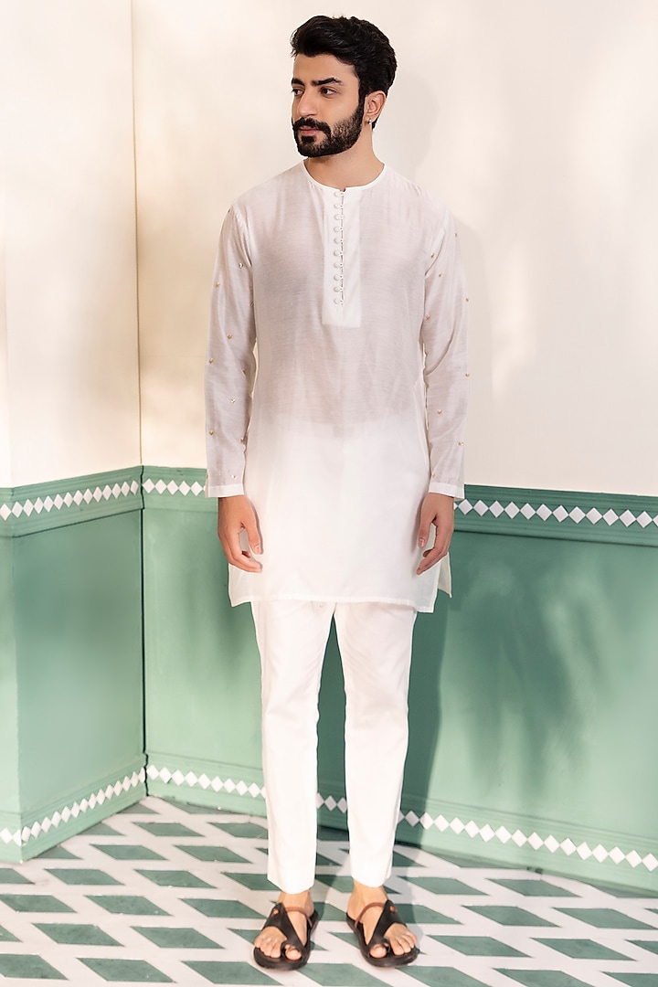 White Padma Silk Embroidered Kurta Set by Shreyansh Designs at Pernia's Pop Up Shop