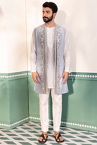 Powder Blue Padma Silk Hand Embroidered Shrug Set by Shreyansh Designs
