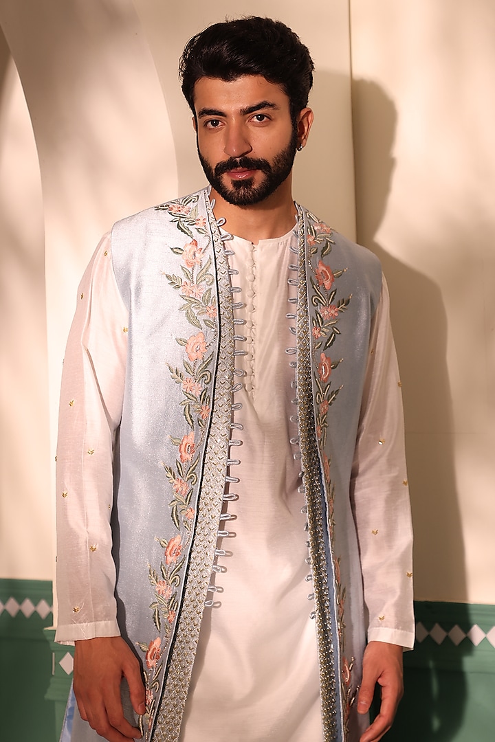 Powder Blue Padma Silk Hand Embroidered Shrug Set by Shreyansh Designs at Pernia's Pop Up Shop