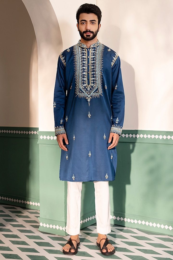 Teal Blue Padma Silk Embroidered Kurta Set by Shreyansh Designs