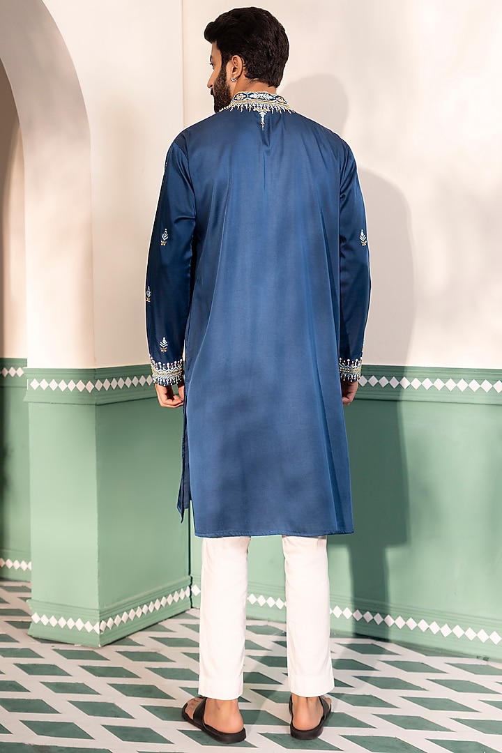 Teal Blue Padma Silk Embroidered Kurta Set by Shreyansh Designs at Pernia's Pop Up Shop