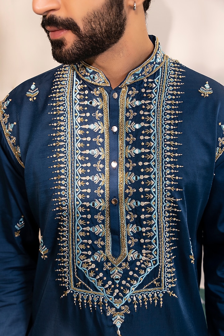 Teal Blue Padma Silk Embroidered Kurta Set by Shreyansh Designs at Pernia's Pop Up Shop