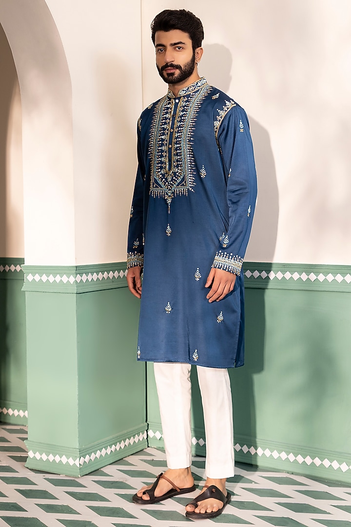 Teal Blue Padma Silk Embroidered Kurta Set by Shreyansh Designs at Pernia's Pop Up Shop