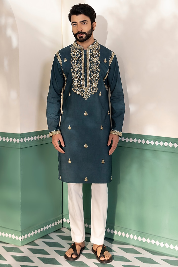 Midnight Green Padma Silk Hand Embroidered Kurta Set by Shreyansh Designs at Pernia's Pop Up Shop