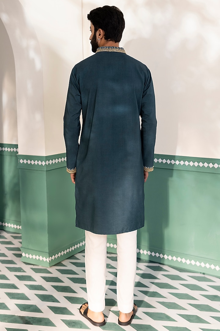 Midnight Green Padma Silk Hand Embroidered Kurta Set by Shreyansh Designs at Pernia's Pop Up Shop