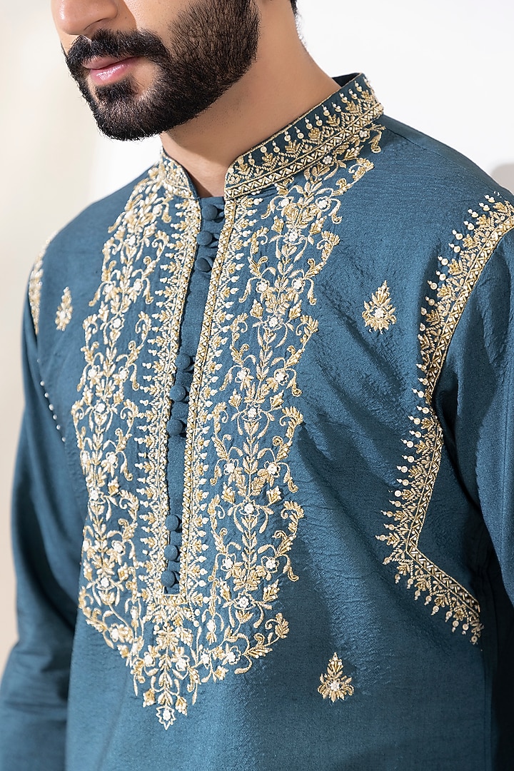 Midnight Green Padma Silk Hand Embroidered Kurta Set by Shreyansh Designs at Pernia's Pop Up Shop