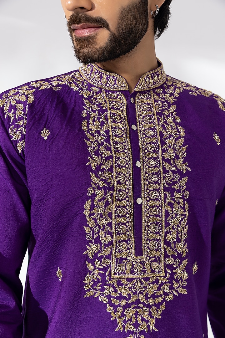 Purple Padma Silk Hand Embroidered Kurta Set by Shreyansh Designs at Pernia's Pop Up Shop