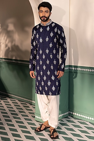 Blue Padma Silk Embroidered Kurta Set by Shreyansh Designs