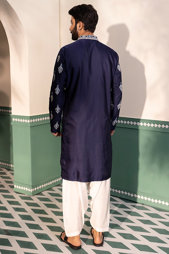 Blue Padma Silk Embroidered Kurta Set by Shreyansh Designs at Pernia's Pop Up Shop