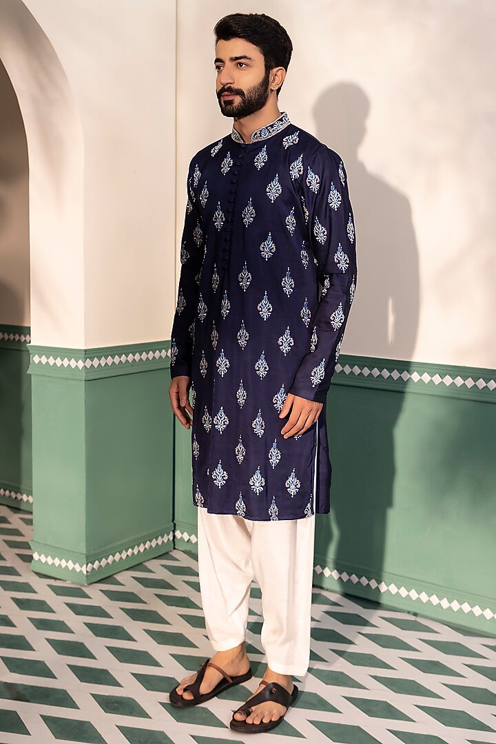 Blue Padma Silk Embroidered Kurta Set by Shreyansh Designs at Pernia's Pop Up Shop
