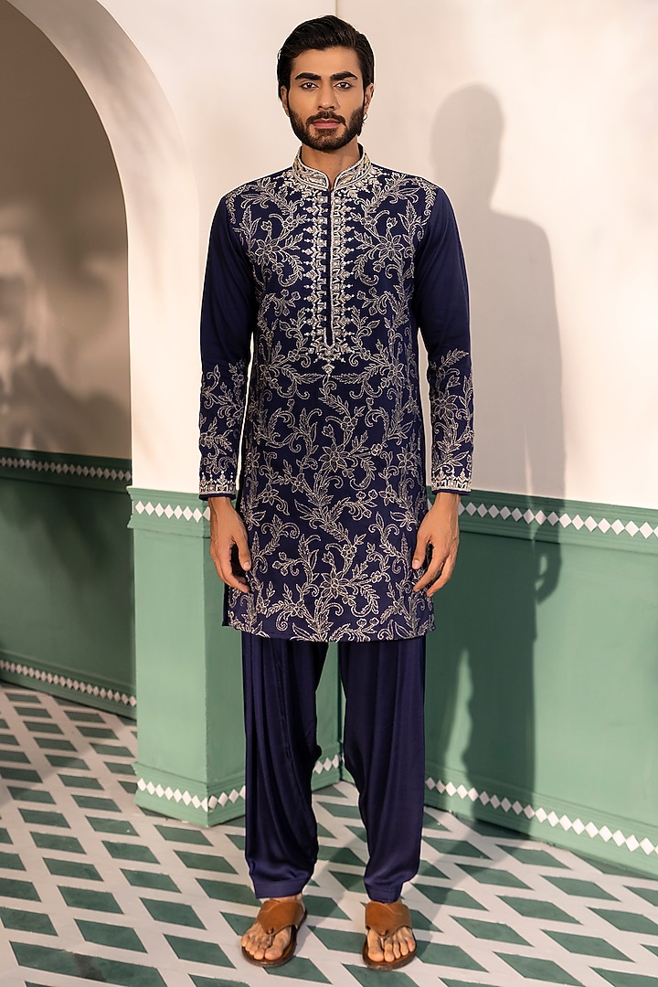 Blue Silk Viscose Hand Embroidered Kurta Set by Shreyansh Designs at Pernia's Pop Up Shop