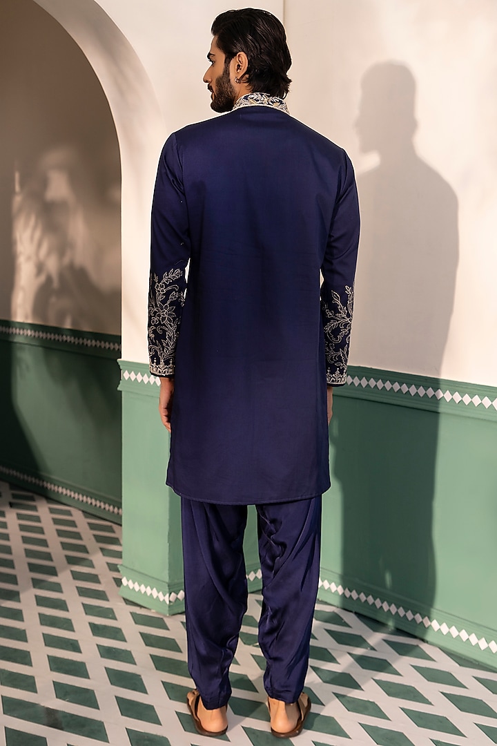 Blue Silk Viscose Hand Embroidered Kurta Set by Shreyansh Designs at Pernia's Pop Up Shop