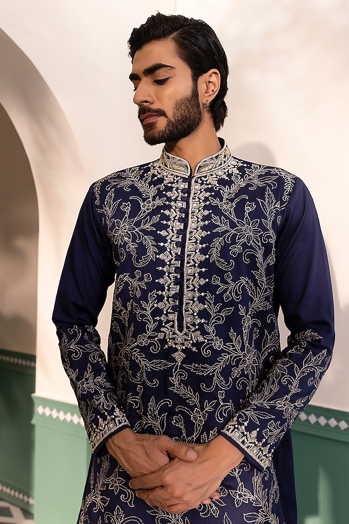 Blue Silk Viscose Hand Embroidered Kurta Set by Shreyansh Designs at Pernia's Pop Up Shop