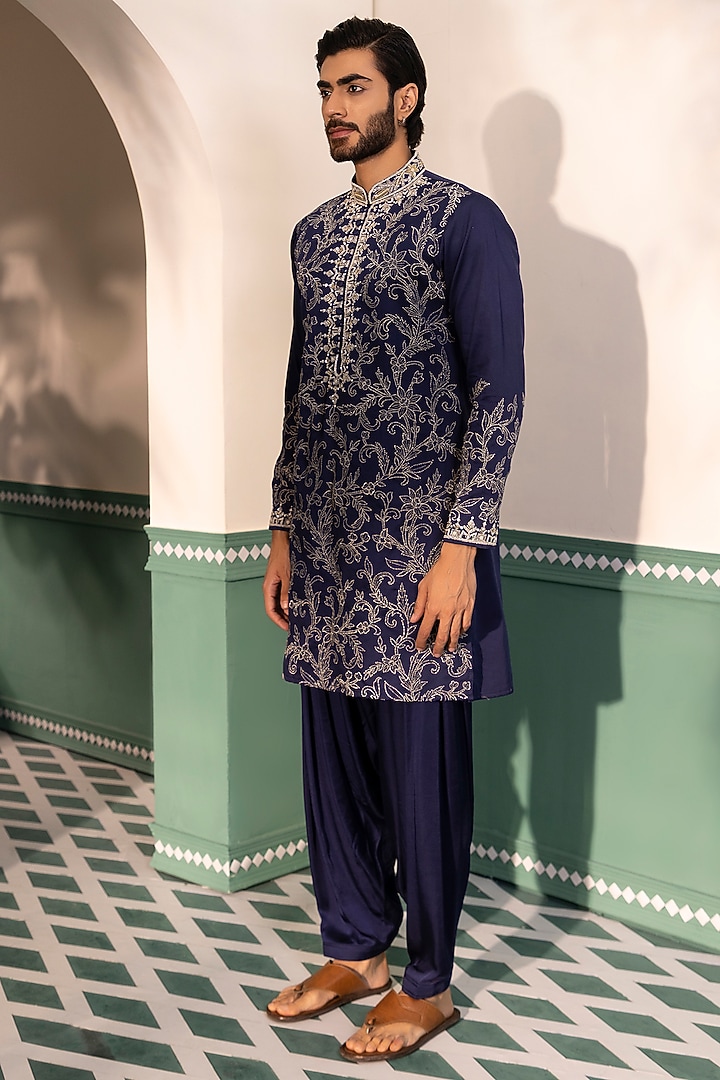 Blue Silk Viscose Hand Embroidered Kurta Set by Shreyansh Designs at Pernia's Pop Up Shop