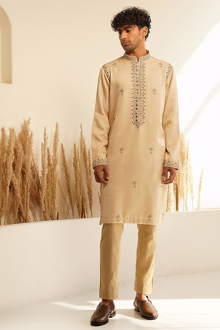 Beige Padma Silk Straight Pants by Shreyansh Designs at Pernia's Pop Up Shop