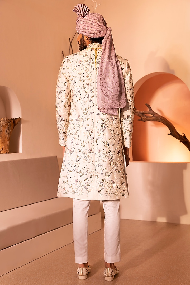 Off-White Raw Silk Hand Embroidered Groom Sherwani Set by Shreyansh Designs at Pernia's Pop Up Shop