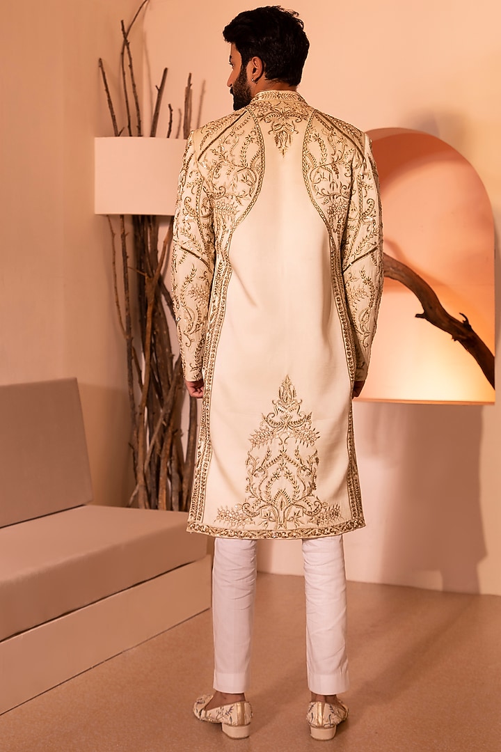 Off-White Dupion Silk Hand Embroidered Groom Sherwani Set by Shreyansh Designs at Pernia's Pop Up Shop