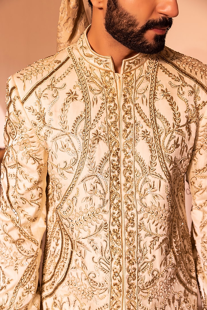 Off-White Dupion Silk Hand Embroidered Groom Sherwani Set by Shreyansh Designs at Pernia's Pop Up Shop