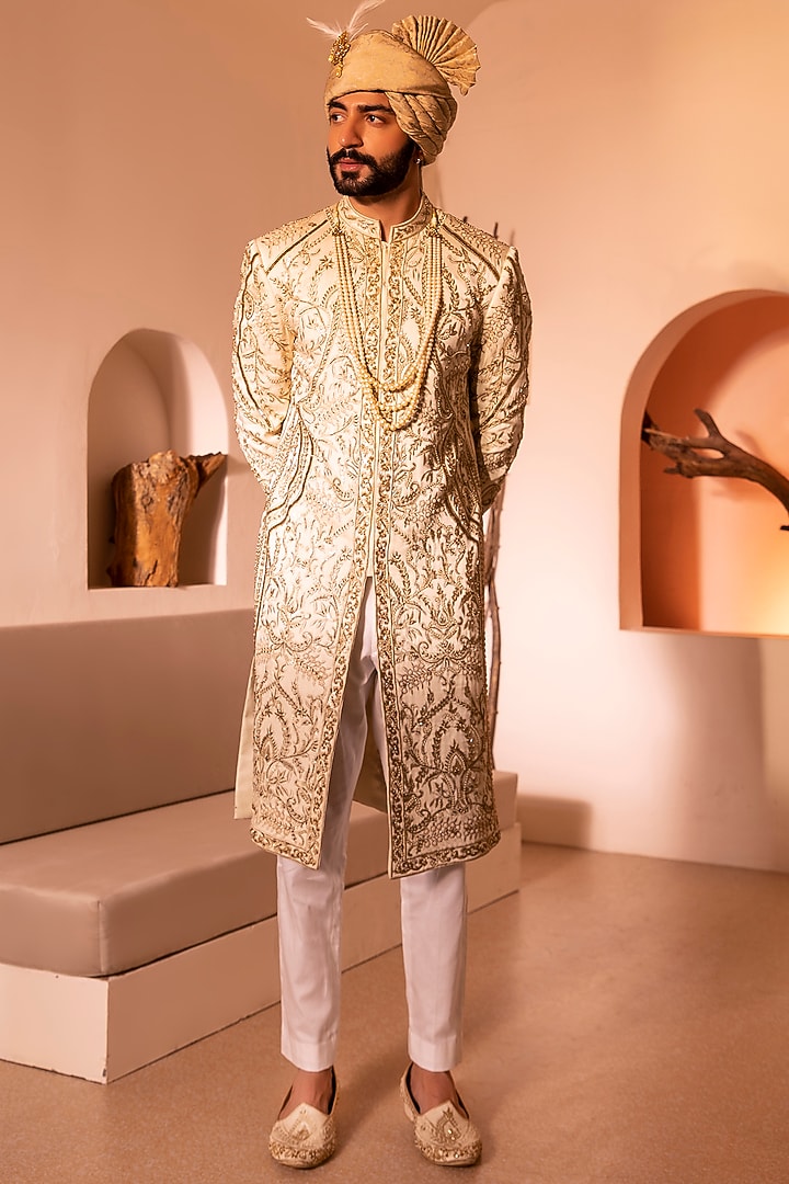 Off-White Dupion Silk Hand Embroidered Groom Sherwani Set by Shreyansh Designs at Pernia's Pop Up Shop