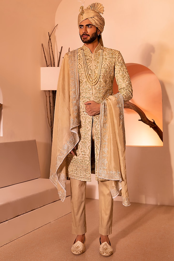 Gold Dupion Silk Hand Embroidered Sherwani Set by Shreyansh Designs