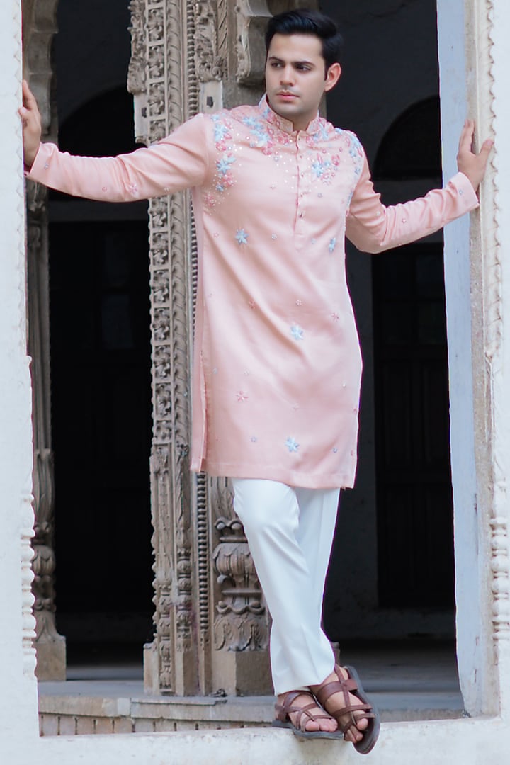 Powder Pink Swiss Silk Hand Embroidered Kurta Set by Shreyansh Designs