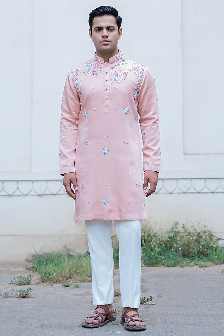 Powder Pink Swiss Silk Hand Embroidered Kurta Set by Shreyansh Designs at Pernia's Pop Up Shop