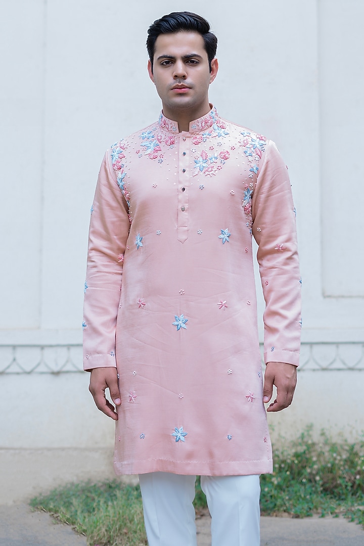 Powder Pink Swiss Silk Hand Embroidered Kurta Set by Shreyansh Designs at Pernia's Pop Up Shop