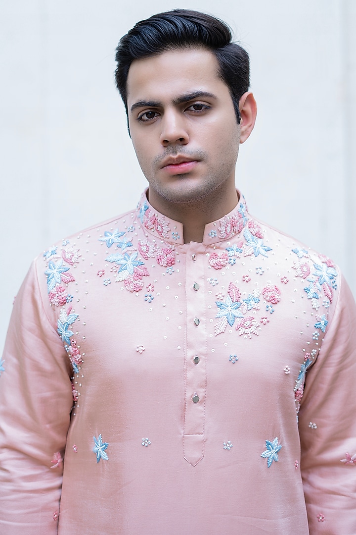 Powder Pink Swiss Silk Hand Embroidered Kurta Set by Shreyansh Designs at Pernia's Pop Up Shop