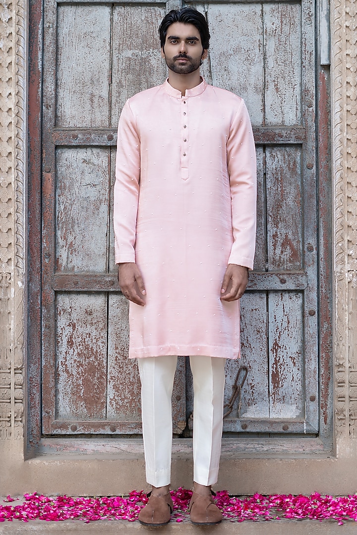 Powder Pink Swiss Silk Hand Embroidered Kurta Set by Shreyansh Designs at Pernia's Pop Up Shop