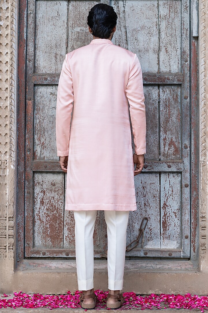 Powder Pink Swiss Silk Hand Embroidered Kurta Set by Shreyansh Designs at Pernia's Pop Up Shop
