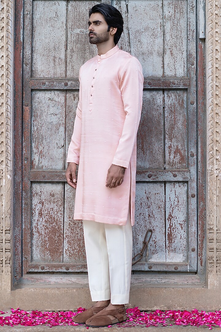 Powder Pink Swiss Silk Hand Embroidered Kurta Set by Shreyansh Designs at Pernia's Pop Up Shop