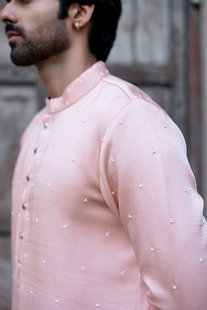 Powder Pink Swiss Silk Hand Embroidered Kurta Set by Shreyansh Designs at Pernia's Pop Up Shop