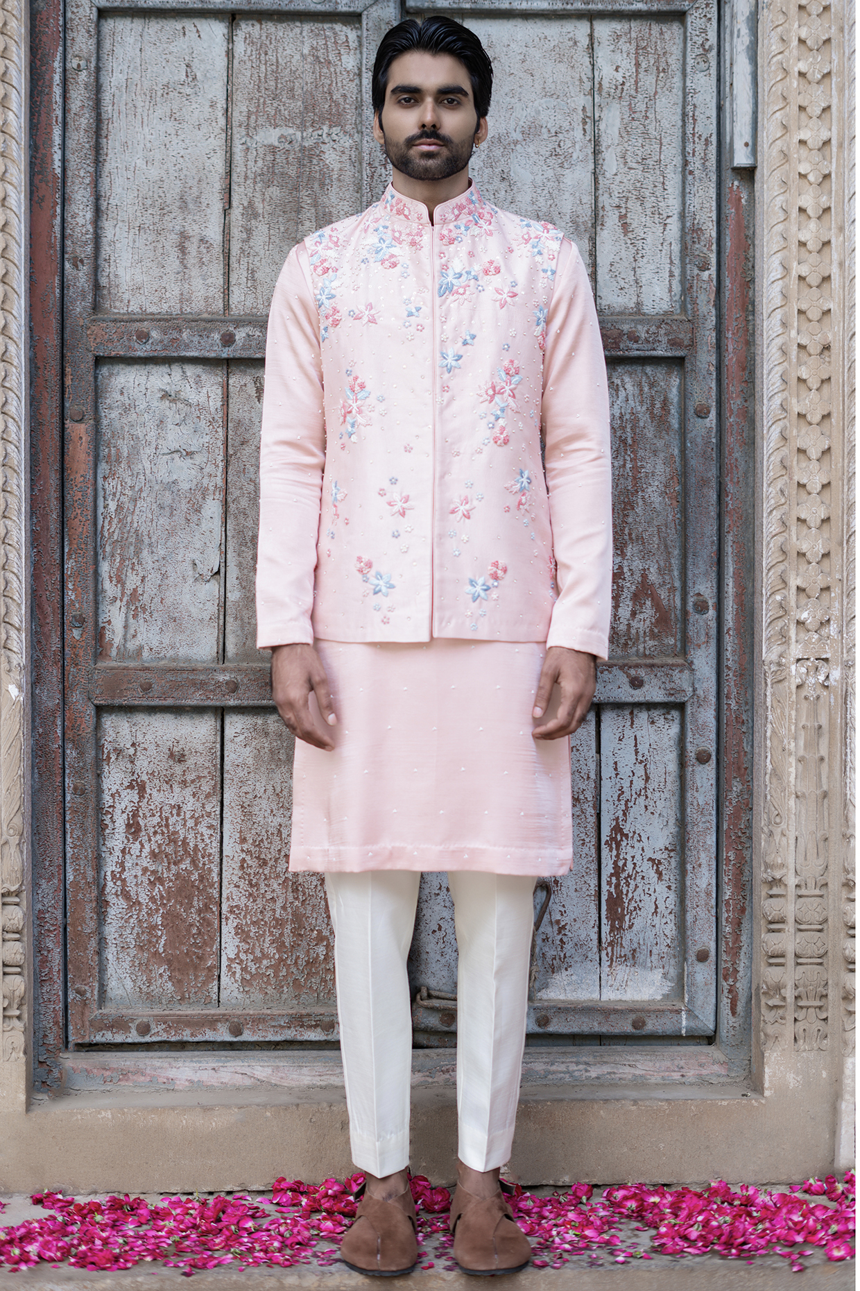 Powder Pink Dupion Silk Hand Embroidered Waistcoat Set by Shreyansh Designs