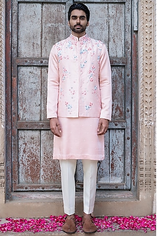 Powder Pink Dupion Silk Hand Embroidered Waistcoat Set by Shreyansh Designs