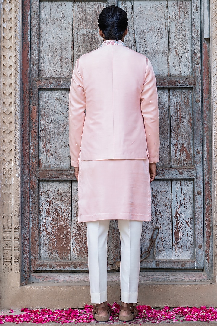 Powder Pink Dupion Silk Hand Embroidered Waistcoat Set by Shreyansh Designs at Pernia's Pop Up Shop