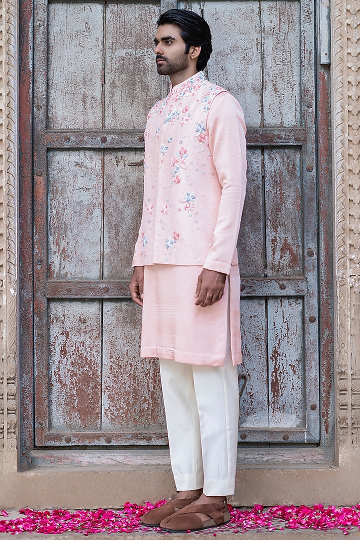 Powder Pink Dupion Silk Hand Embroidered Waistcoat Set by Shreyansh Designs at Pernia's Pop Up Shop