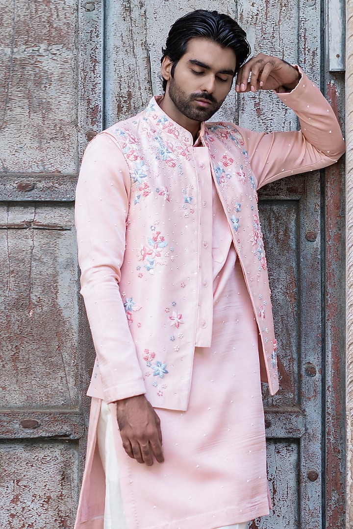 Powder Pink Dupion Silk Hand Embroidered Waistcoat Set by Shreyansh Designs at Pernia's Pop Up Shop
