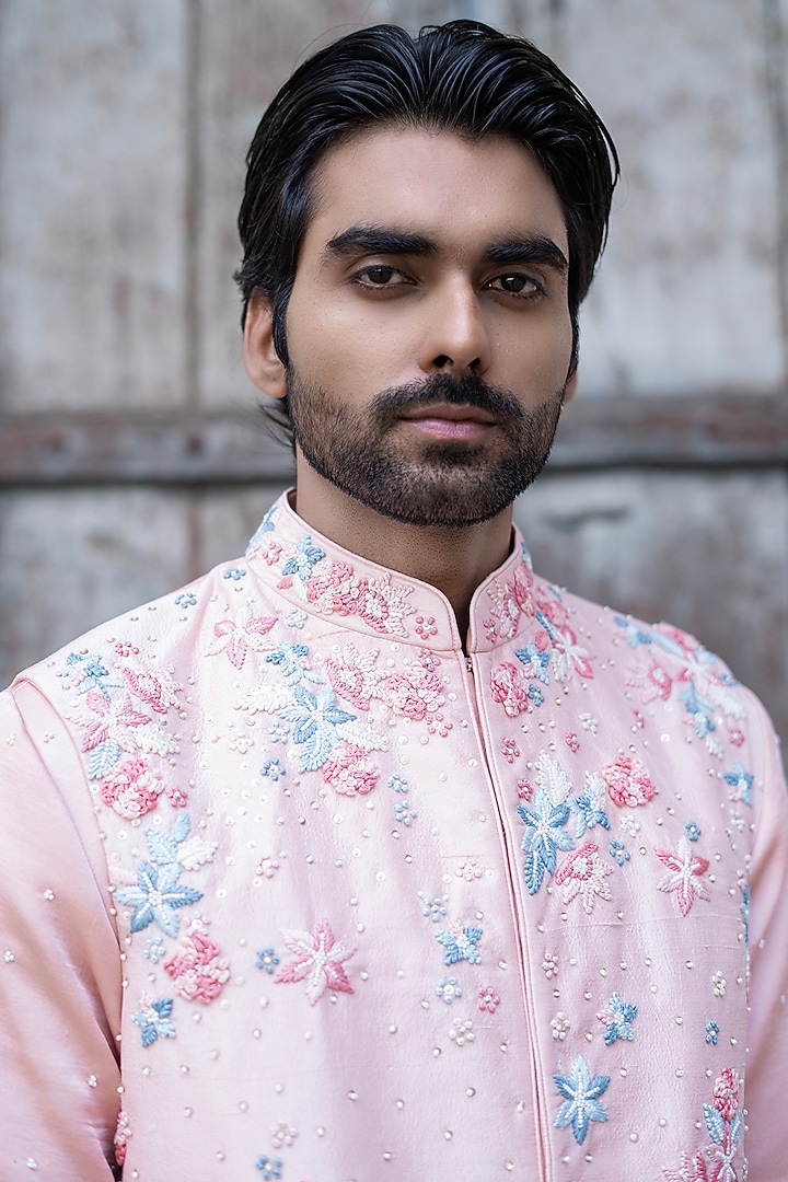 Powder Pink Dupion Silk Hand Embroidered Waistcoat Set by Shreyansh Designs at Pernia's Pop Up Shop
